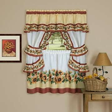 Printed Cottage Window Curtain Set - 57 Inch Width, 24 Inch Length - Black Eyed Susan - Polyester So...