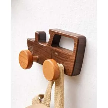 Vinoil Kids Coat Hooks Wall Mount, Walnut Car-Shaped Coat Rack Heavy Duty for Bathrooms,Kids’ Room,Door,Nursery,Entryway, 4 Pack Wood Wall Hooks for Hanging Hats,Backpacks,Towels,Keys&Clothes