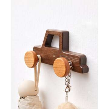 Vinoil Kids Coat Hooks Wall Mount, Walnut Car-Shaped Coat Rack Heavy Duty for Bathrooms,Kids’ Room,Door,Nursery,Entryway, 4 Pack Wood Wall Hooks for Hanging Hats,Backpacks,Towels,Keys&Clothes