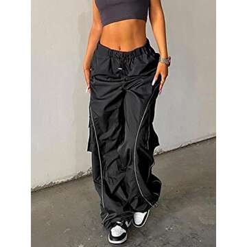LQI Parachute Pants for Women Elastic Waistline Drawstring Cargo Pants Y2K Joggers with Pockets Casu...