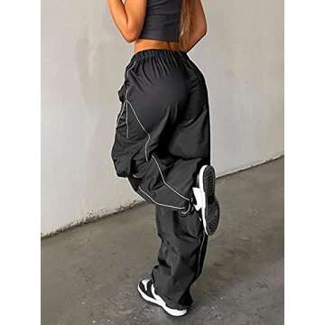 LQI Parachute Pants for Women Elastic Waistline Drawstring Cargo Pants Y2K Joggers with Pockets Casual Hiking Pants B Black