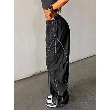 LQI Parachute Pants for Women Elastic Waistline Drawstring Cargo Pants Y2K Joggers with Pockets Casual Hiking Pants B Black