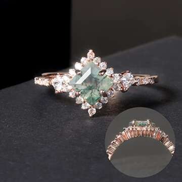 Gem's Beauty Women's Wedding Ring 0.63CT 5x5mm Square Shape Moss Agate Halo Pave Engagement Rose Gold Rings Women in 925 Sterling Silver(Size6)