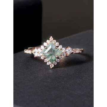 Gem's Beauty Women's Wedding Ring 0.63CT 5x5mm Square Shape Moss Agate Halo Pave Engagement Rose Gold Rings Women in 925 Sterling Silver(Size6)