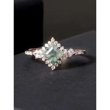 Gem's Beauty Women's Wedding Ring 0.63CT 5x5mm Square Shape Moss Agate Halo Pave Engagement Rose Gold Rings Women in 925 Sterling Silver(Size6)