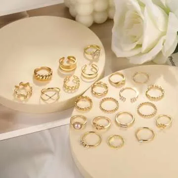ÌF ME 22 Pcs Gold Vintage Knuckle Rings Set for Women, Boho Dainty Stackable Midi Finger Rings, Snake Butterfly Signet Fashion Ring Pack Jewelry Gifts. (22pcs-14K gold)