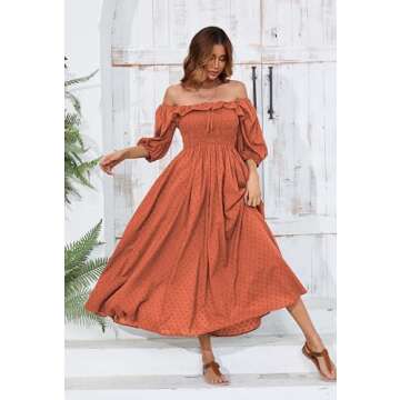 R.Vivimos Women Summer Half Sleeve Cotton Ruffled Vintage Elegant Backless A Line Flowy Long Dresses (Small, Orange#1)