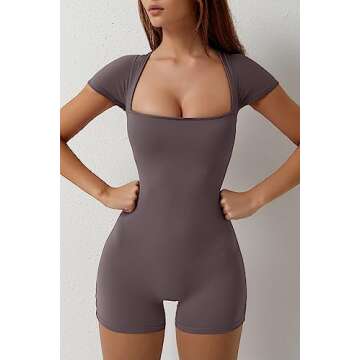 QINSEN Women's Rompers Sexy One Piece Short Sleeve Tummy Control Unitard JumpSuits Dark Grey M