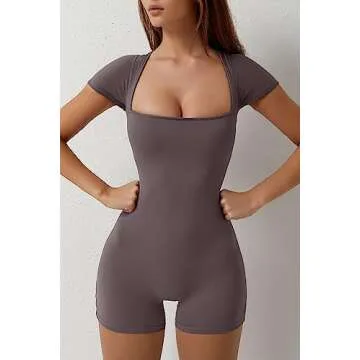 QINSEN Women's Rompers Sexy One Piece Short Sleeve Tummy Control Unitard JumpSuits Dark Grey M