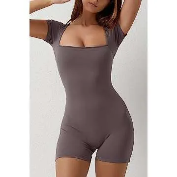 QINSEN Women's Rompers Sexy One Piece Short Sleeve Tummy Control Unitard JumpSuits Dark Grey M