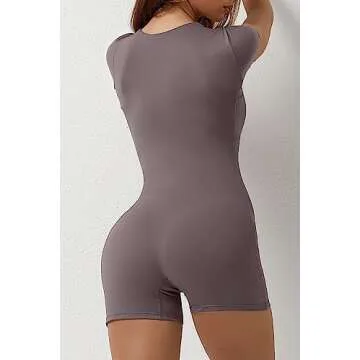 QINSEN Women's Rompers Sexy One Piece Short Sleeve Tummy Control Unitard JumpSuits Dark Grey M
