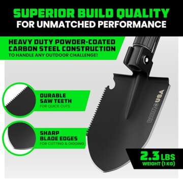 Rhino USA Survival Shovel w/Pick - Heavy Duty Carbon Steel Military Style Entrenching Tool for Off Road, Camping, Gardening, Beach, Digging Dirt, Sand, Mud & Snow. (Survival Shovel)