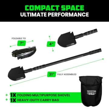 Rhino USA Survival Shovel w/Pick - Heavy Duty Carbon Steel Military Style Entrenching Tool for Off Road, Camping, Gardening, Beach, Digging Dirt, Sand, Mud & Snow. (Survival Shovel)