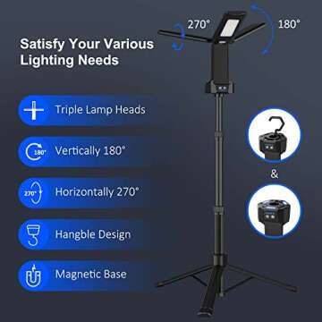 Rechargeable LED Work Light with Stand, 67" Tall Portable Cordless Work Light 3-head, 8AH Battery, 500/1500/2500 Lumen, 4000/6500K Dimmable Camping Light with Detachable Tripod (Carrying Bag Included)