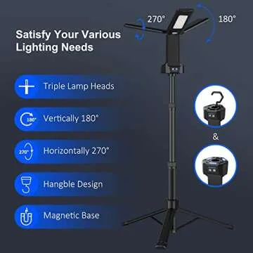 Rechargeable LED Work Light with Stand, 67" Tall Portable Cordless Work Light 3-head, 8AH Battery, 500/1500/2500 Lumen, 4000/6500K Dimmable Camping Light with Detachable Tripod (Carrying Bag Included)