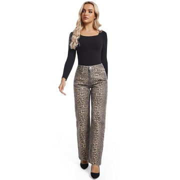 ETTELO Women's Jeans Straight Leg Casual High Waisted Stretch Trendy Leopard Pull On Jeans for Women