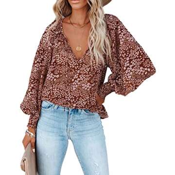 MLEBR Womens Blouses Fashion Tops Summer V Neck Balloon Long Sleeve Floral Print Casual Blouses Tops...