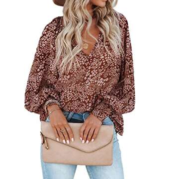 MLEBR Womens Blouses Fashion Tops Summer V Neck Balloon Long Sleeve Floral Print Casual Blouses Tops Spring M