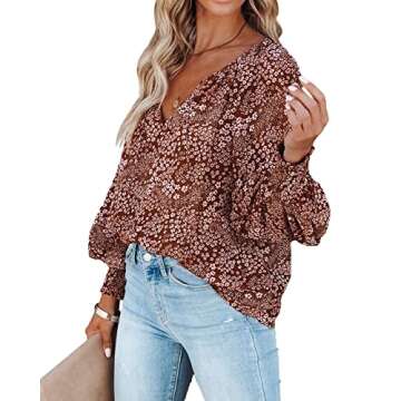 MLEBR Womens Blouses Fashion Tops Summer V Neck Balloon Long Sleeve Floral Print Casual Blouses Tops Spring M