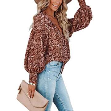 MLEBR Womens Blouses Fashion Tops Summer V Neck Balloon Long Sleeve Floral Print Casual Blouses Tops Spring M