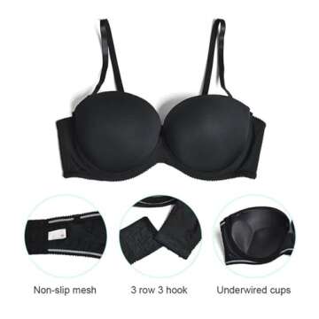 Plusexy Women’s Push Up Strapless Bra Thick Padded Underwire Convertible Multiway Bras Black 38C
