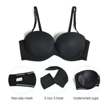 Plusexy Women’s Push Up Strapless Bra Thick Padded Underwire Convertible Multiway Bras Black 38C