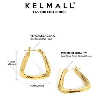 KELMALL 18K Gold Hoop Statement Earrings for Women Twisted Triangle Stud Earring Lightweight