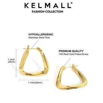 KELMALL 18K Gold Hoop Statement Earrings for Women Twisted Triangle Stud Earring Lightweight