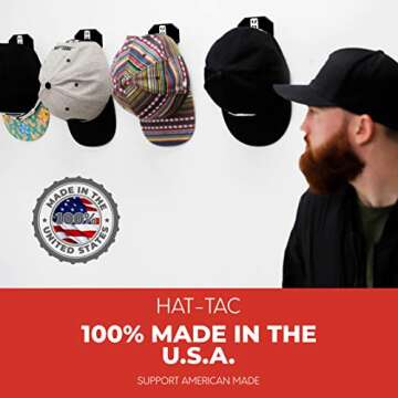 HAT-TAC - Wall Hat Rack Organizer (4-Pack) MADE IN USA Patented Baseball Cap Multi-Purpose Curved Sh...