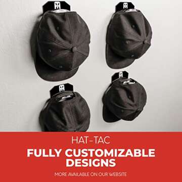 HAT-TAC - Wall Hat Rack Organizer (4-Pack) MADE IN USA Patented Baseball Cap Multi-Purpose Curved Shelf Hanger for Door, Closet, Office, Bedroom, Sturdy Clip Decor Mount System (HT Original Design)