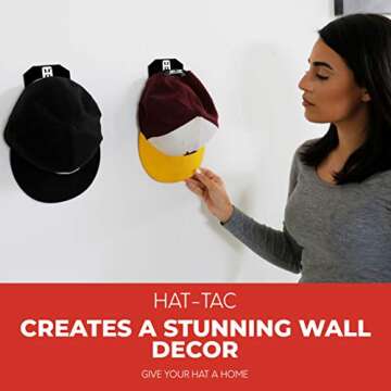 HAT-TAC - Wall Hat Rack Organizer (4-Pack) MADE IN USA Patented Baseball Cap Multi-Purpose Curved Shelf Hanger for Door, Closet, Office, Bedroom, Sturdy Clip Decor Mount System (HT Original Design)