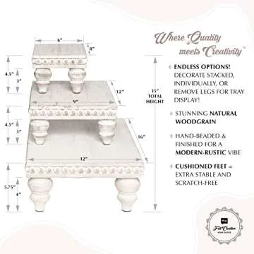 Decorative Tray [Set of 3] Wooden Tiered Tray Stand Display Risers - Tiered Tray Decor for Tabletop Use, Kitchen Island, Coffee Bar - Wood Risers, Beaded Pedestal Stand Farmhouse Kitchen Decor (White)