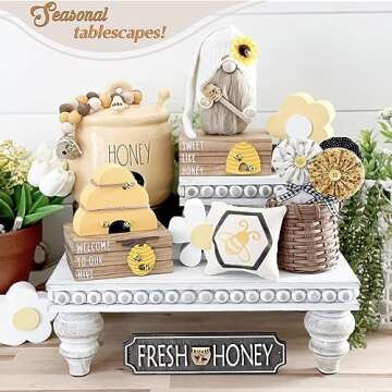 Decorative Tray [Set of 3] Wooden Tiered Tray Stand Display Risers - Tiered Tray Decor for Tabletop Use, Kitchen Island, Coffee Bar - Wood Risers, Beaded Pedestal Stand Farmhouse Kitchen Decor (White)