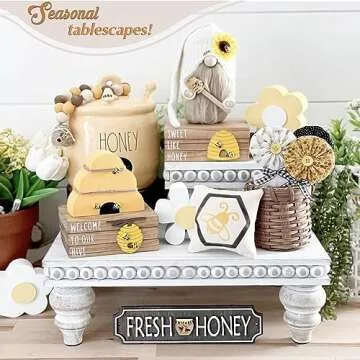 Decorative Tray [Set of 3] Wooden Tiered Tray Stand Display Risers - Tiered Tray Decor for Tabletop Use, Kitchen Island, Coffee Bar - Wood Risers, Beaded Pedestal Stand Farmhouse Kitchen Decor (White)