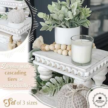 Decorative Tray [Set of 3] Wooden Tiered Tray Stand Display Risers - Tiered Tray Decor for Tabletop Use, Kitchen Island, Coffee Bar - Wood Risers, Beaded Pedestal Stand Farmhouse Kitchen Decor (White)