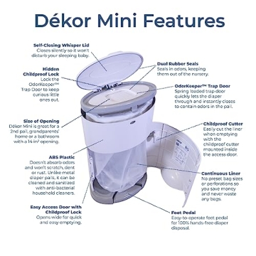 Dekor Mini Hands-Free Diaper Pail Odor-Free Easy Use