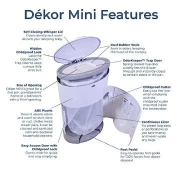 Dekor Mini Hands-Free Diaper Pail Odor-Free Easy Use