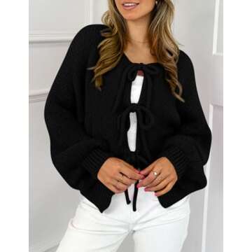 PRETTYGARDEN Women's Tie Front Bow Cardigan Sweaters Chunky Knit Long Puff Sleeve Trendy Fall Winter Jacket Coats (Black,Small)