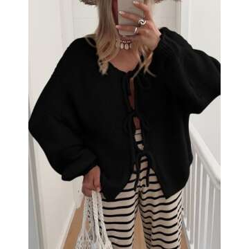 PRETTYGARDEN Women's Tie Front Bow Cardigan Sweaters Chunky Knit Long Puff Sleeve Trendy Fall Winter Jacket Coats (Black,Small)