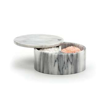 RSVP International Dual Compartment Box | Chic & Modern Herb Container | 10 Ounces Total | Swivel Top Protects Salts | Beautiful, Solid Marble, 5", White
