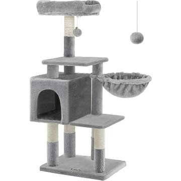 FEANDREA Cat Tree with Cave & Lounger – Light Gray
