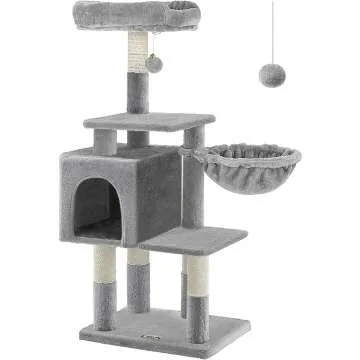 FEANDREA Cat Tree with Cave & Lounger – Light Gray