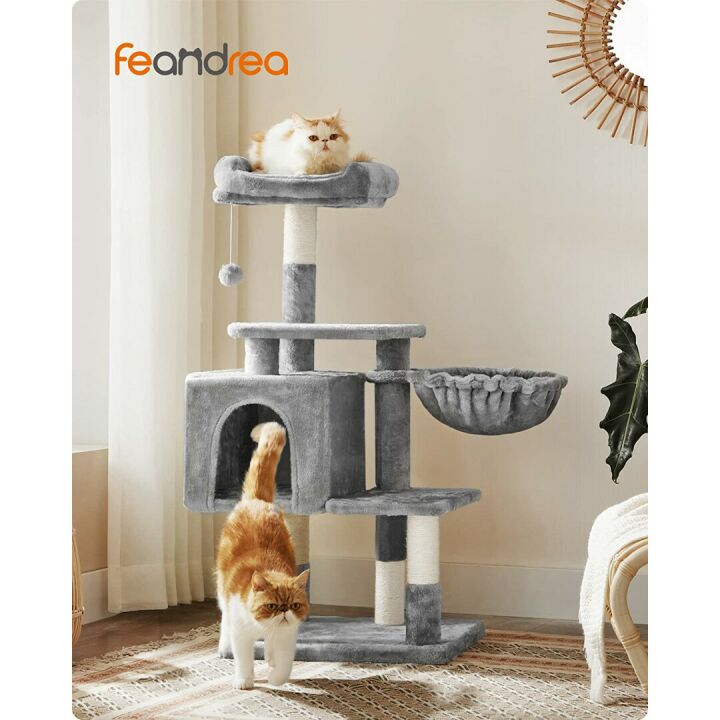 FEANDREA Cat Tree with Cave & Lounger – Light Gray
