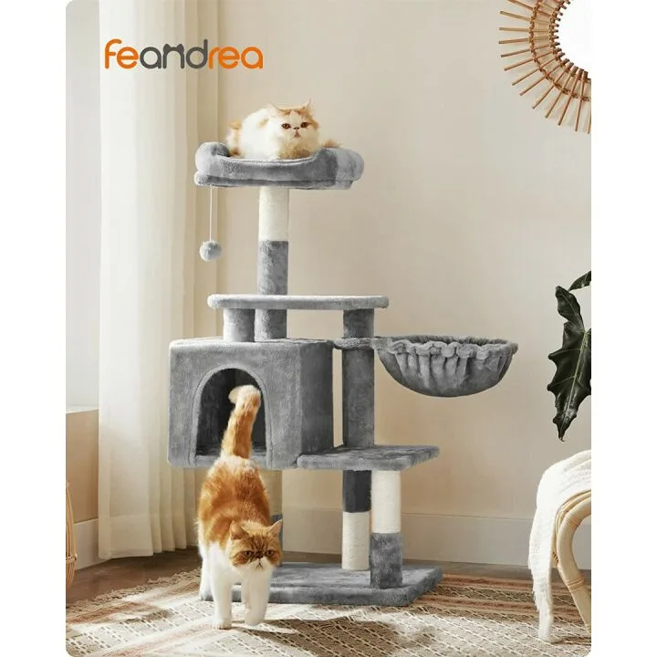 FEANDREA Cat Tree with Cave & Lounger – Light Gray