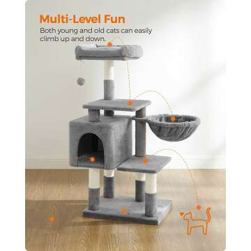 FEANDREA Cat Tree with Cave & Lounger – Light Gray