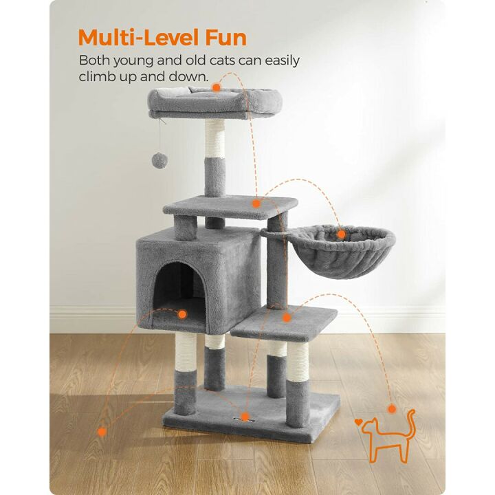 FEANDREA Cat Tree with Cave & Lounger – Light Gray
