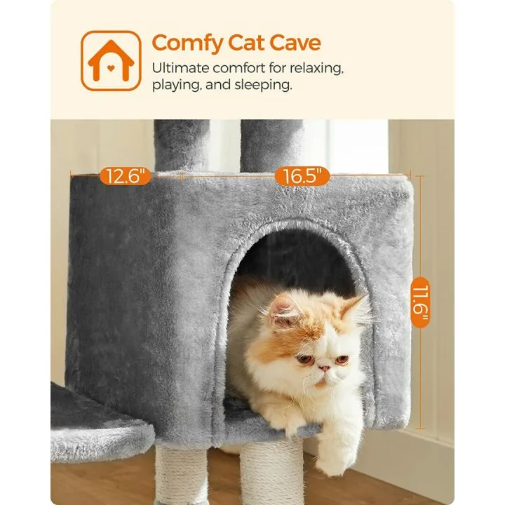 FEANDREA Cat Tree with Cave & Lounger – Light Gray