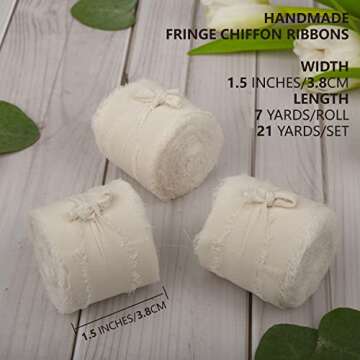 Funin Cream White Handmade Fringe Chiffon Ribbon Set - 3 Rolls, 1.5" x 7Yd for Elegant DIY Crafts an...