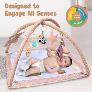 6-in-1 Baby Play Gym Activity Center, Portable Baby Activity Mat with 6 Removable Toys for Motor Ski...
