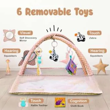 6-in-1 Baby Play Gym Activity Center, Portable Baby Activity Mat with 6 Removable Toys for Motor Skills & Sensory Development, Baby Tummy Time Play Mat for 0-18 Months, Easy Clean & Assemble (Brown)